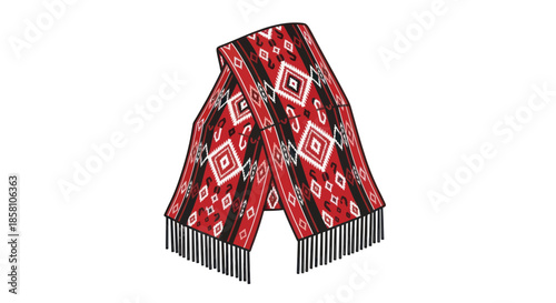 Vibrant Red and White Geometric Patterned Woven Scarf with Fringe.