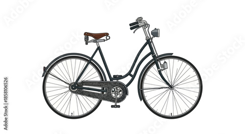 Classic Black Bicycle with Brown Leather Seat and Chrome Accents.