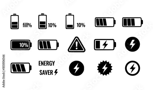 Minimal battery charging and power level icon vector set EPS 10