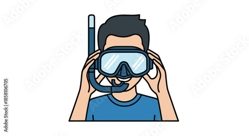 Cartoon man with snorkel mask preparing for underwater adventure.