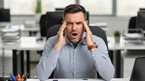 Stressed Male Office Worker with Hands on Head in Modern Workplace Setting