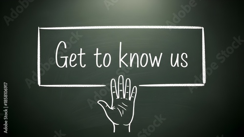 A hand pointing to a chalkboard with the words 'get to know us' written on it in white chalk