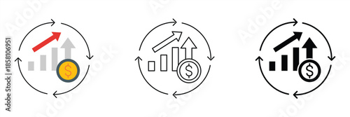 Conceptual design depicting continuous financial growth and business improvement. An ascending bar chart, dollar coin, and cyclical arrow symbolize ongoing economic development and investment progress