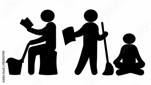 Silhouettes of people cleaning and meditating in simple poses