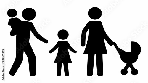 Happy family walking together in a stroller