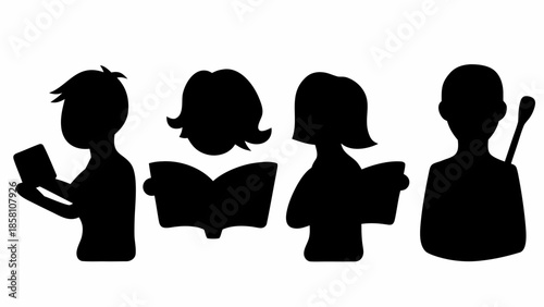 Silhouettes of children reading books quietly in a row