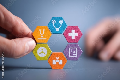Hand holding hexagonal medical icons arranged in a circle