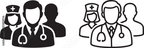Black medical team icon vector silhouette for healthcare staff, hospital service and UI.