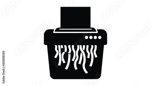 Silhouette icon depicting a paper shredder machine actively destroying documents by cutting paper into thin strips for secure disposal and data destruction purposes