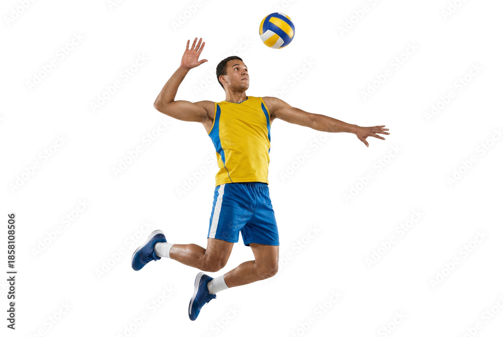 Fototapeta premium Male Volleyball Athlete Jumping to Spike Ball Isolated on White