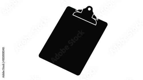 Simple black and white icon representing a classic clipboard with a metal clip ready for holding documents checklists or important paperwork for various office tasks