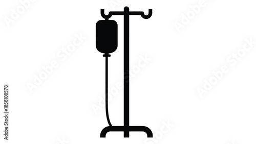 Simple black silhouette icon representing an intravenous drip stand with a hanging fluid bag and tubing used for medical hydration or medication administration