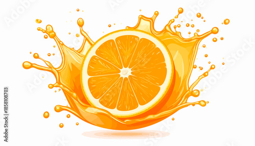 Dynamic illustration of a fresh orange slice erupting in a vibrant splash of juice, perfectly capturing the essence of healthy refreshment and natural citrus zest