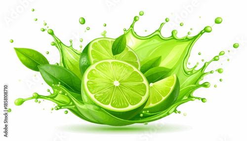 Vibrant Green Lime Splash with Fresh Leaves and Splattering Juice, Representing Citrus Refreshment and Natural Flavor