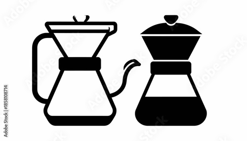 Two stylized coffee makers, one a pour-over style and the other a moka pot, rendered in a minimalist black and white illustration