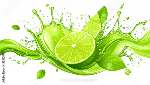 Fresh lime juice splashing with vibrant green liquid and citrus slices, a refreshing and healthy beverage concept