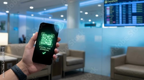 travel visa verification concept.  Biometric Travel Efficiency Digital Visa Verification on Smartphone in Modern Airport Lounge Enhances Convenience
