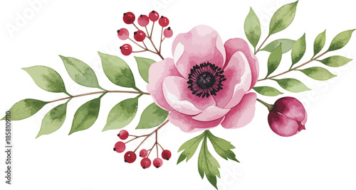 Watercolor illustration of a pink peony flower with green leaves and red berries