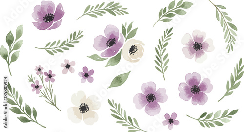 Watercolor illustration of purple flowers and leaves on white background