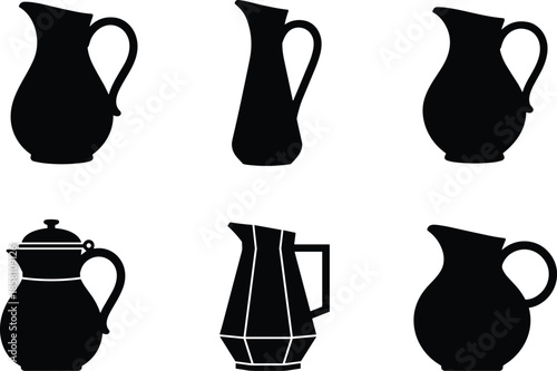 Pitcher jug and teapot icons set, black silhouette drinkware collection, ceramic kitchen vessels, water tea coffee containers, minimal vector design