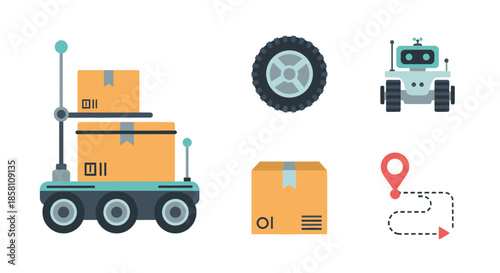 Autonomous Delivery Robot with Boxes and Navigation Icons.