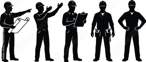 Construction worker silhouettes with tools and clipboard isolated on white background representing teamwork planning safety workforce industry