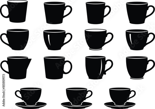 Coffee cup and mug icons set, black silhouette drinkware collection, ceramic tea espresso cups, simple minimal vector design