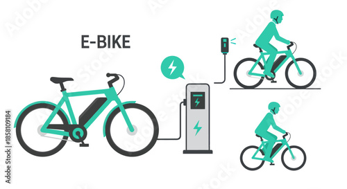 Electric Bicycle and Charging Station Illustration.