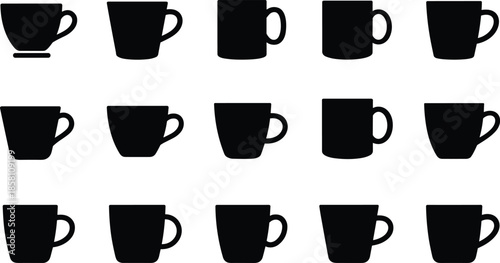 Coffee mug icons set, black cup silhouette collection, ceramic drinkware shapes, tea espresso cups, simple minimal vector design