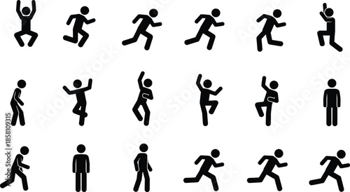 Stick figure people movement icons set, human pictogram running walking jumping poses, black silhouette characters, simple minimal design symbols