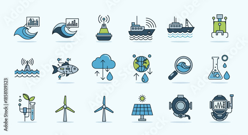 Collection of Illustrated Icons Representing Environmental Science and Technology.