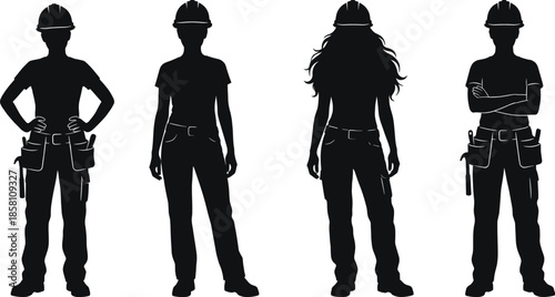 Female construction worker silhouettes wearing safety helmets isolated on white background representing women workforce empowerment industry safety diversity