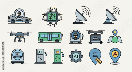 Collection of Colorful Technology and Transportation Icons Set.