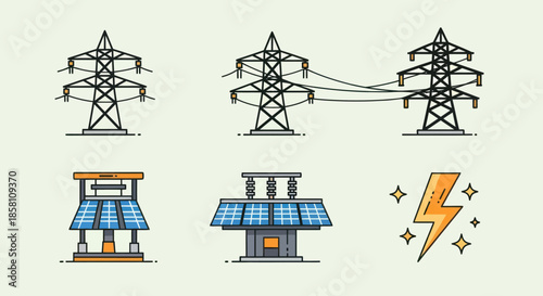 Electricity Transmission and Generation Icons: Power Lines Solar Panels and Lightning Bolt.