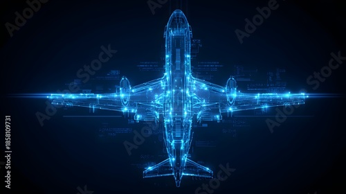 Abstract Blue Airplane Wireframe with Glowing Lights on Dark Background.