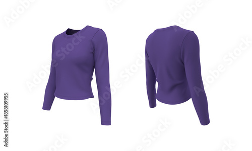 Realistic 3D mockup of women’s slim fit long sleeve crewneck t-shirt. Front, side, and back view clothing design template. 3d illustration, 3d rendering