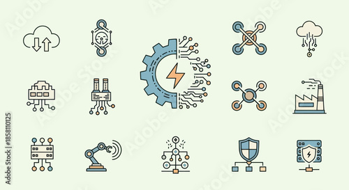 Hand-drawn Industry 40 icon set featuring automation AI IoT and smart factory symbols.