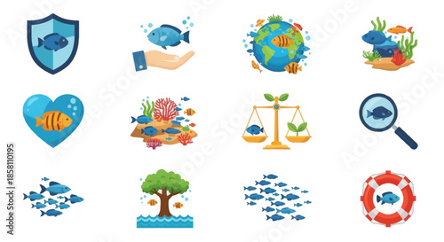 Collection of Fish-Themed Icons Representing Conservation Ecology and Environmental Awareness.