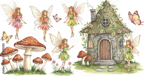 Whimsical illustration of a fairy house with mushrooms and fireflies