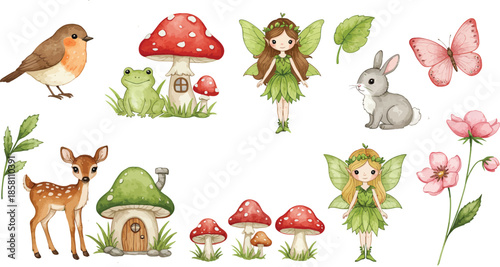 Whimsical forest creatures and plants with fairies and animals in a magical setting