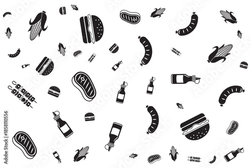 Monochrome Barbecue Food and Grill Items Seamless Pattern Vector