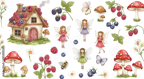 Whimsical illustration of fairy tale house with mushrooms and fairies