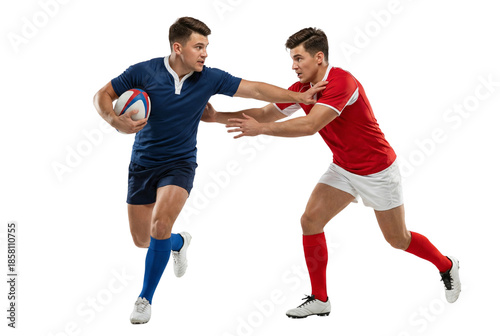 Two Male Rugby Players Running and Tackling on White Background