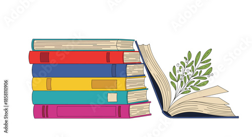 Stack of colorful hardcover books with an open book from which a leafy green branch is growing to represent knowledge.