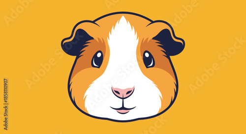 Detailed illustration of a cute guinea pig face with brown, white, and black fur on a solid yellow background for pet lovers.