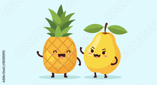 Cheerful cartoon pineapple and pear with happy faces and waving hands stand side by side on a light blue background in a fun style.