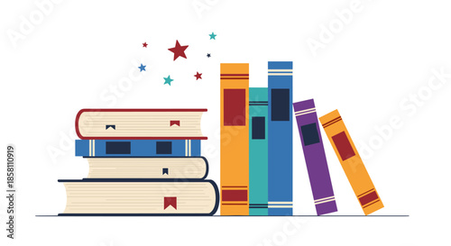 Colorful illustration of several stacked and standing books with whimsical stars floating above for library and imagination concepts.