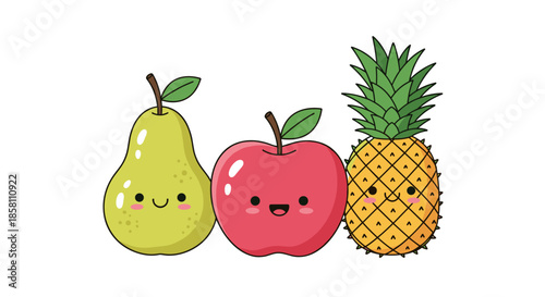 Group of cheerful fruit characters including a green pear, red apple, and yellow pineapple with cute faces.