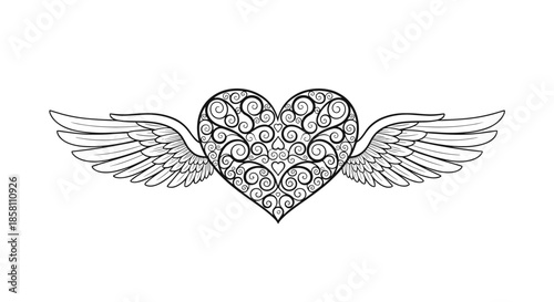 Intricate black and white line art of a heart filled with curly ornaments and featuring large feathered wings for romantic designs.