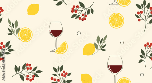 Elegant seamless pattern background featuring glasses of red wine, yellow lemon slices, and sprigs of red berries.